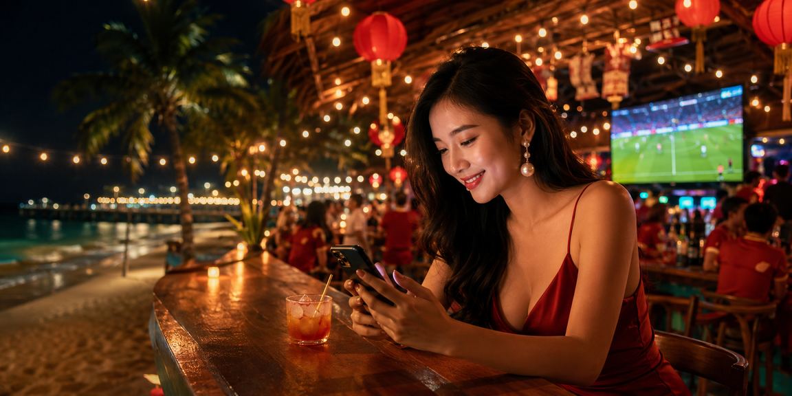 Người chơi trải nghiệm slot game và cá cược giải trí tại bãi biển Phú Quốc trong ngày nắng